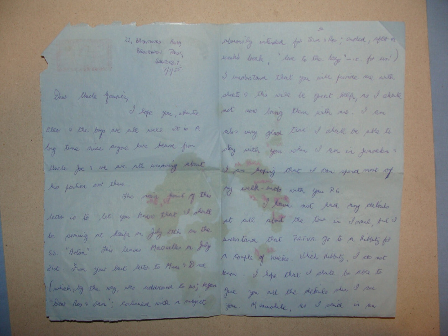 Letter Jewish 1955 England Manchester Salford To Israel Rabbi Maurice Jaffe