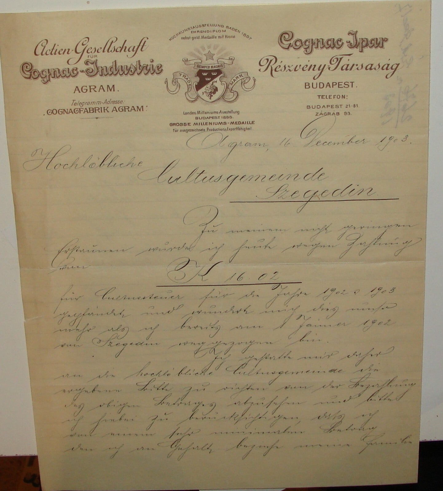 Letter Jewish 1903 Antique Hungary Budapest Cognac Agram Industry Related