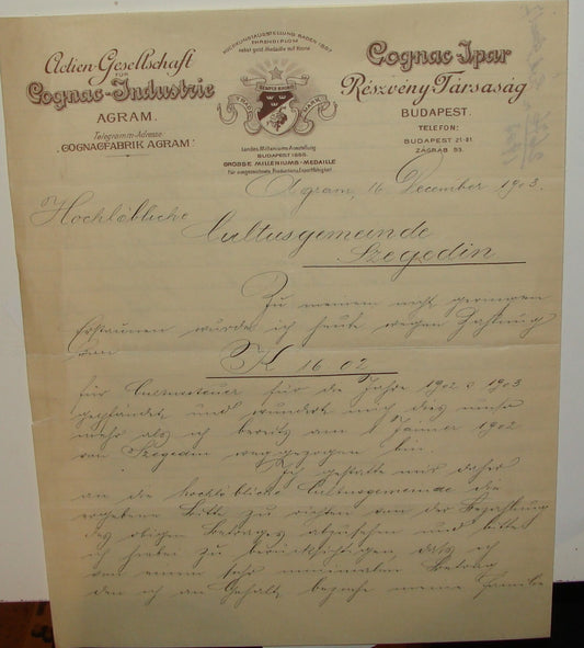 Letter Jewish 1903 Antique Hungary Budapest Cognac Agram Industry Related