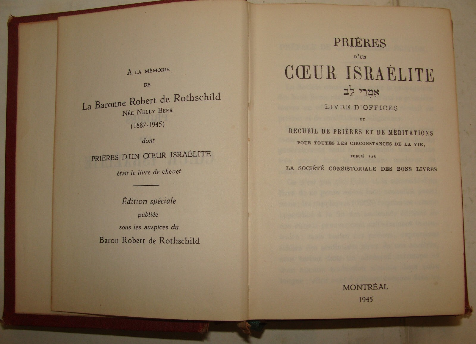 Book Jewish Judaica 1945 French Siddur Canada Montreal Prayer Rothschild