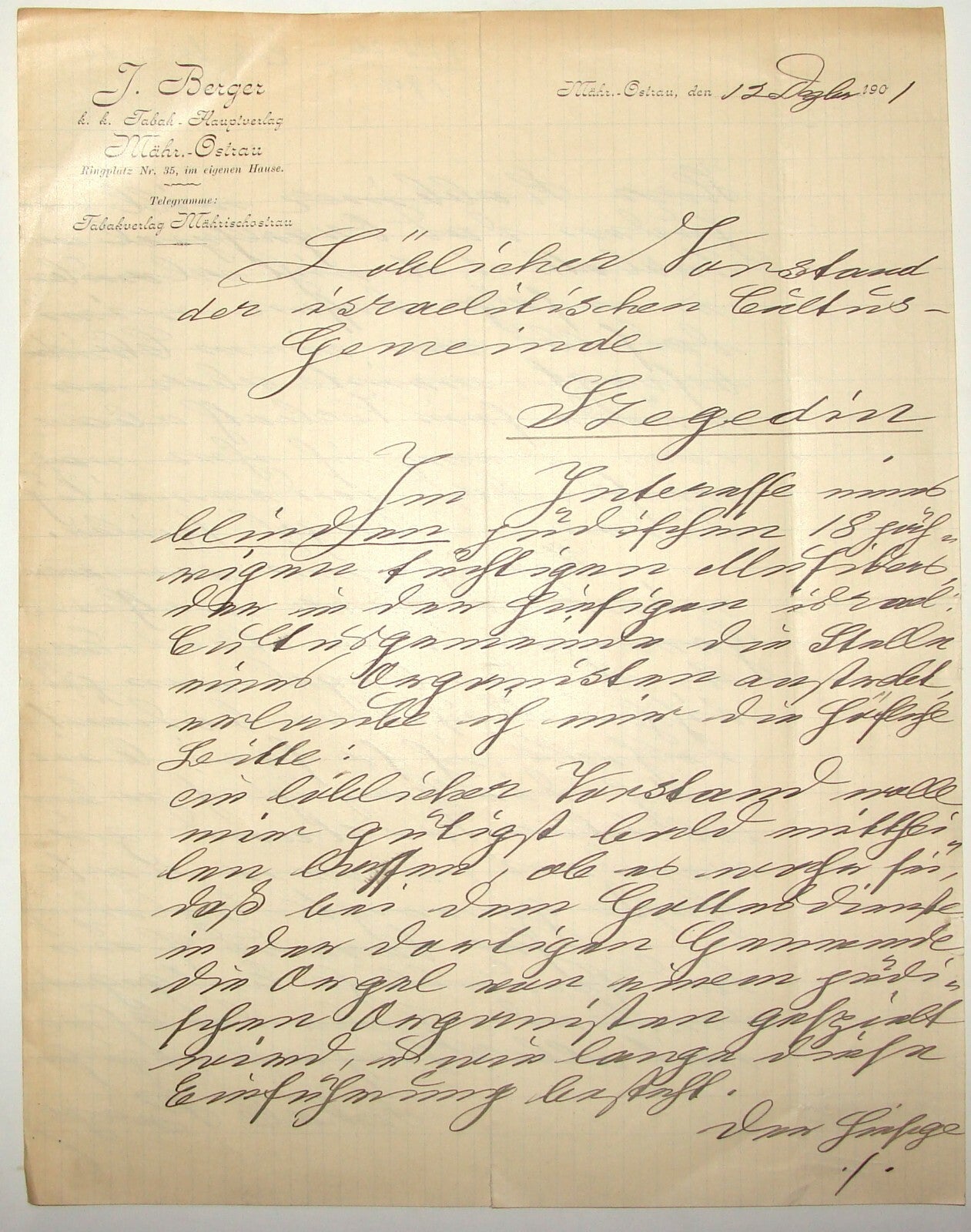 Germany Letter Jewish Judaica Antique 1901 German   Ostrau Ostrava JAKOB BERGER