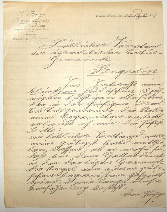 Germany Letter Jewish Judaica Antique 1901 German   Ostrau Ostrava JAKOB BERGER