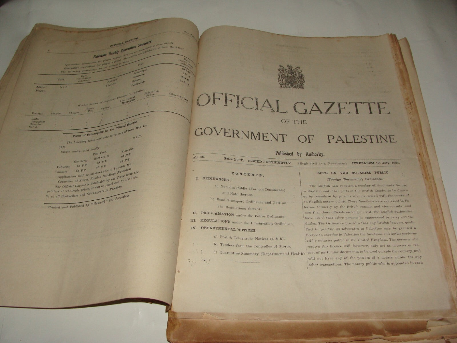 Pol Newspaper Palestine RARE British Government of Gazette 1921 ENGLISH & HEBREW