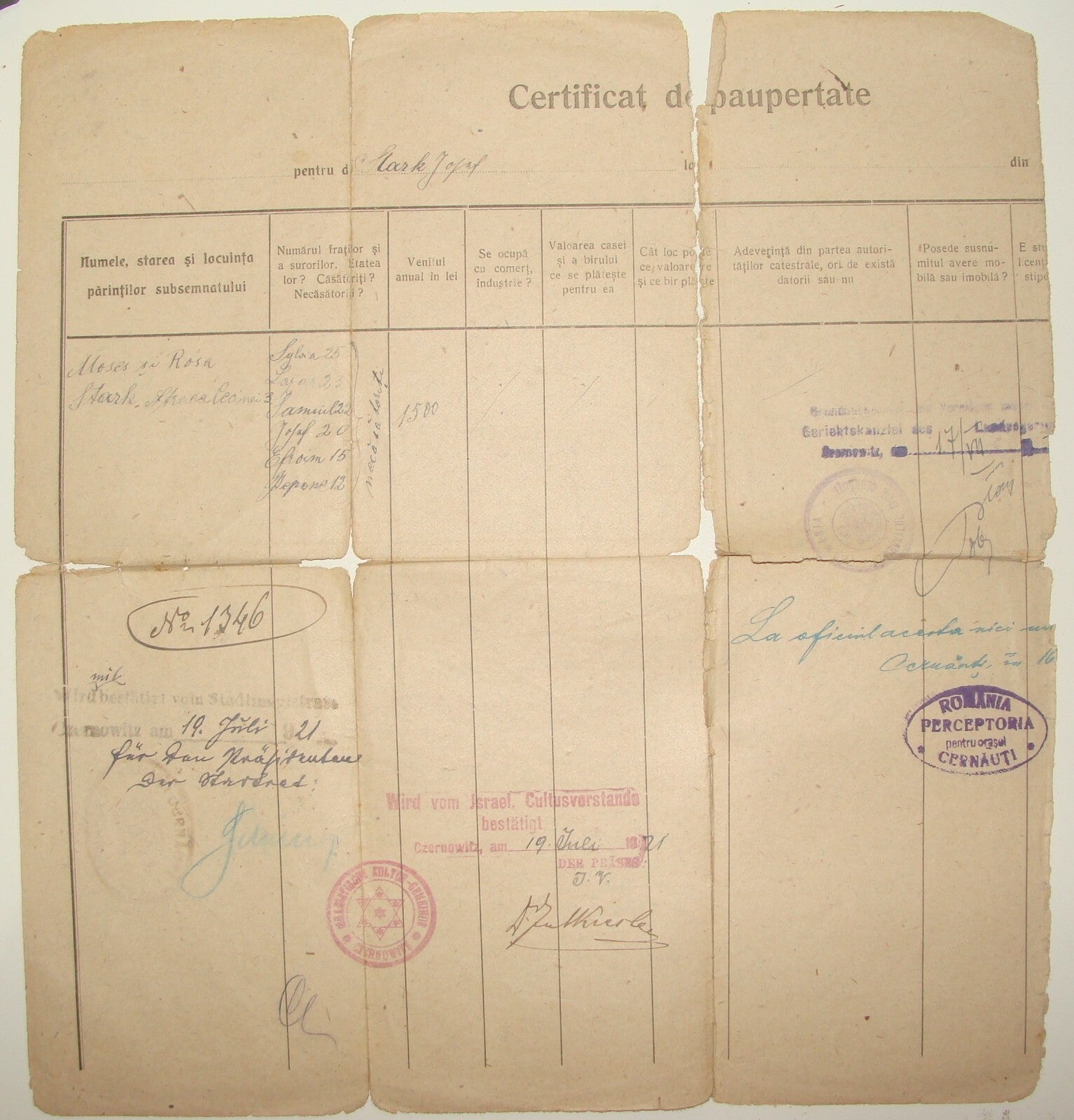 Stamp Jewish Judaica 1920s Romania Jews Certificate JOSEF STARK Czernowitz