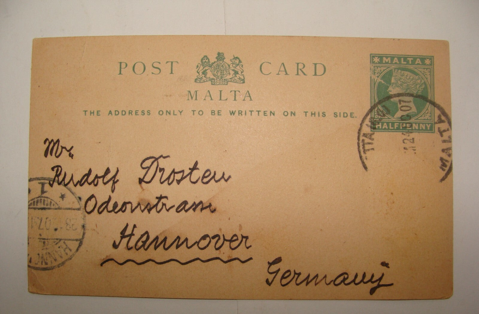 Germany 1907 Malta Stationery Stamp Postcard To   Hannover