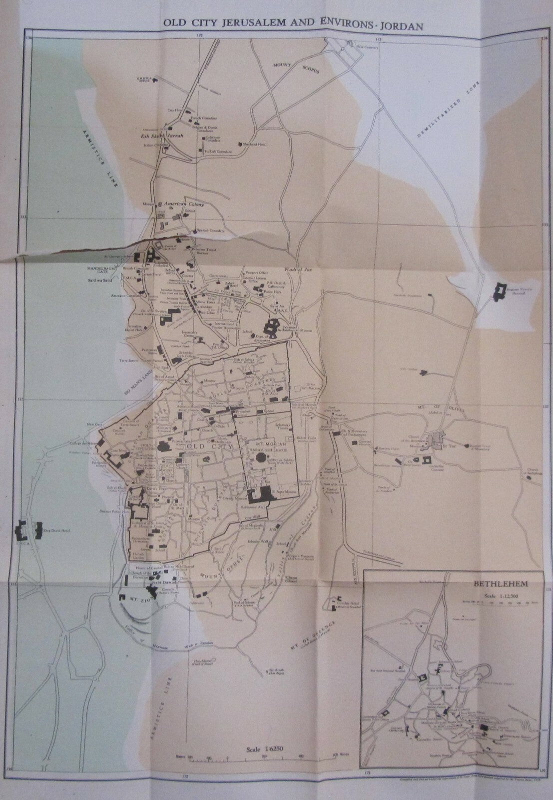 RARE The Hashemite Kingdom of Jordan Guide Map of Jerusalem Holy Land 1955