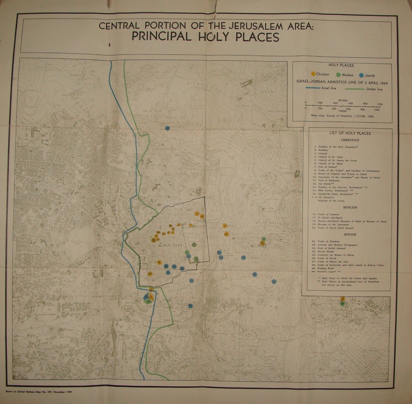 RARE Jewish Judaica 1950s Israel JERUSALEM Map Holy Places Post Independence War