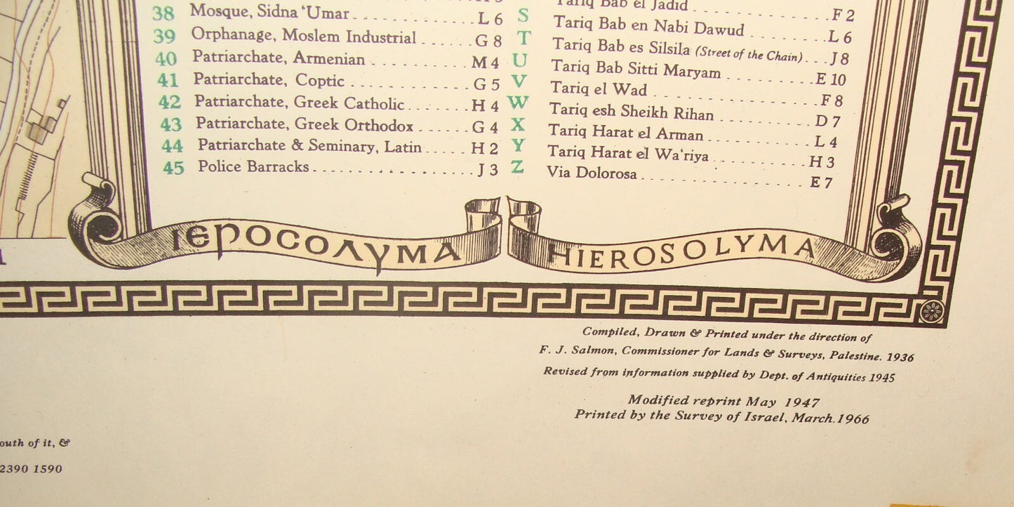 Map Jewish RARE Judaica Israel 1947 JERUSALEM Old City F .J. SALMON Print 1966