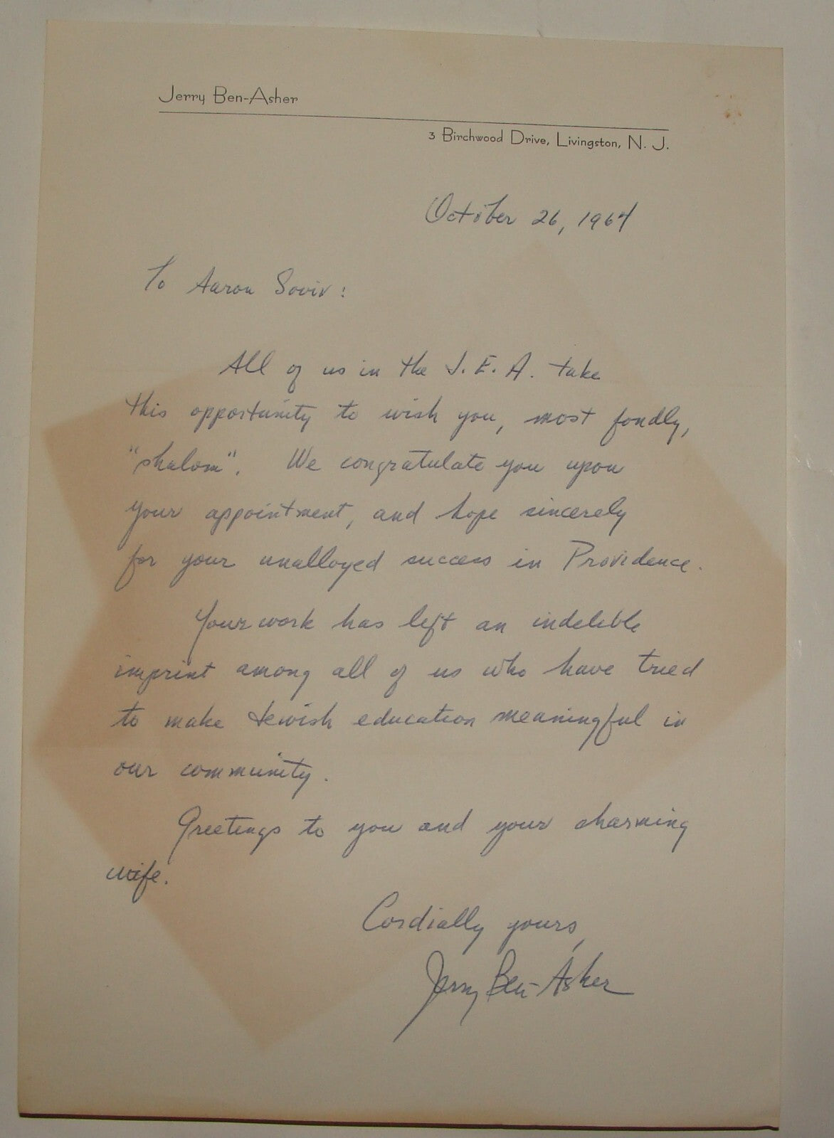 $ Letter Jewish American Judaica 1964 Jerry Ben Asher Livingston New Jersey