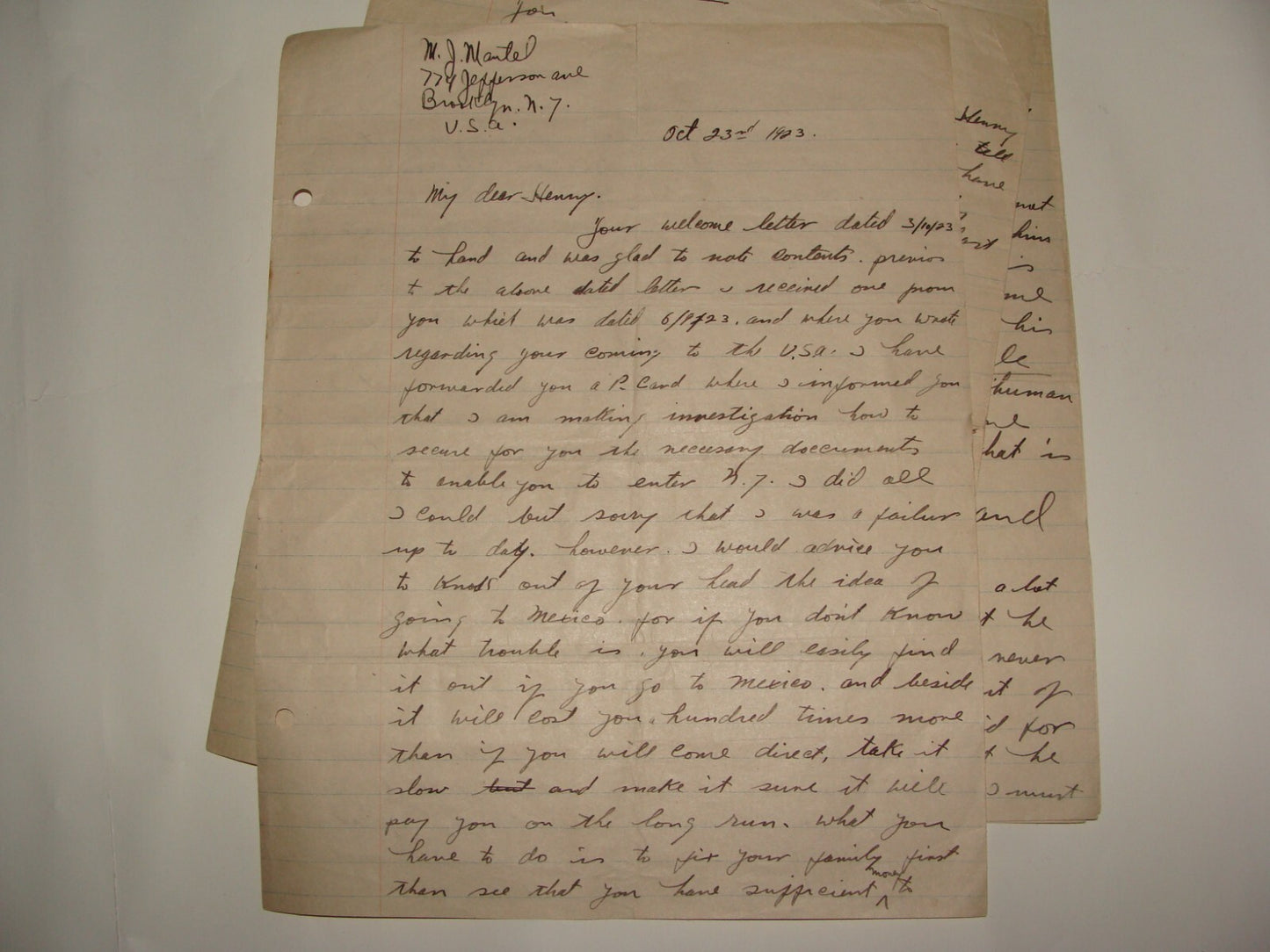 $ Letter Jewish American Judaica 1923 Brooklyn New York MAURICE MANTEL