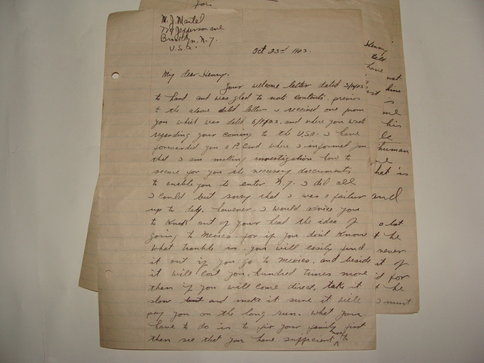 $ Letter Jewish American Judaica 1923 Brooklyn New York MAURICE MANTEL