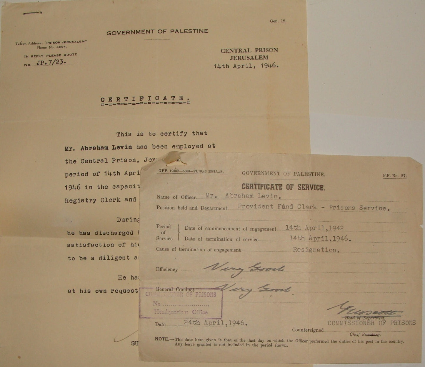 Pol Letter Palestine 1946 Government of Israel Certificate JERUSALEM CENTRAL