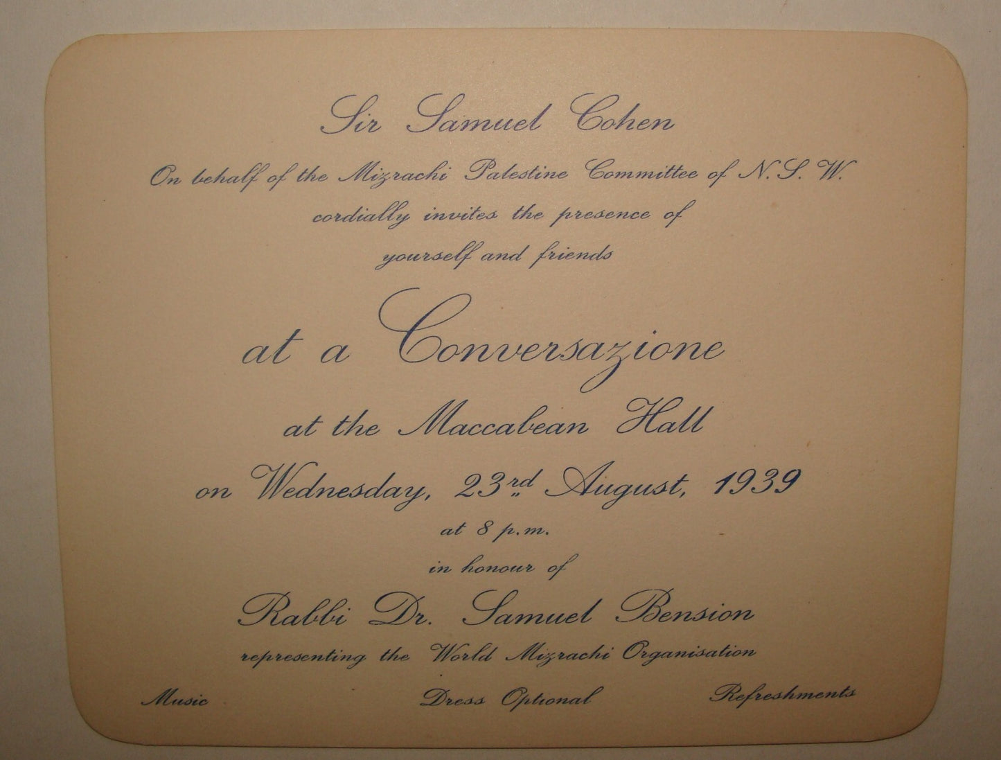 Card Jewish Judaica Australia Sydney Maccabean Hall 1939 Rabbi Ben Zion Zionist