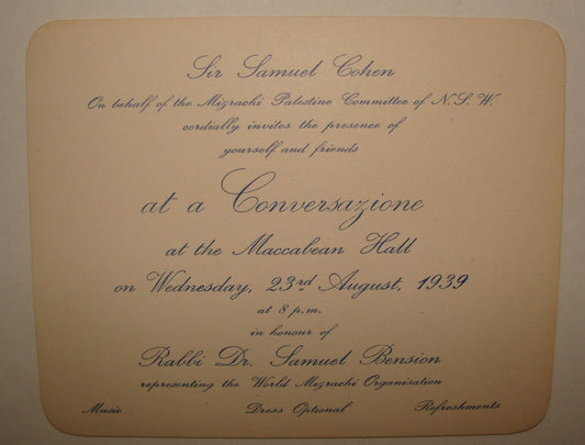 Card Jewish Judaica Australia Sydney Maccabean Hall 1939 Rabbi Ben Zion Zionist