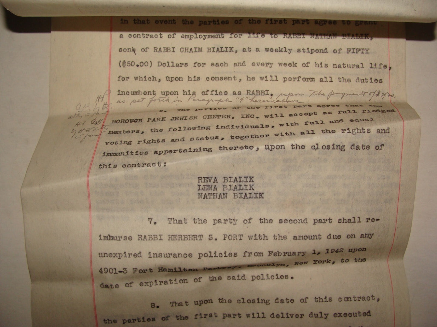 $ American 1942 Boro Park Jewish Center Contract Rabbi Herbert Port Bialik