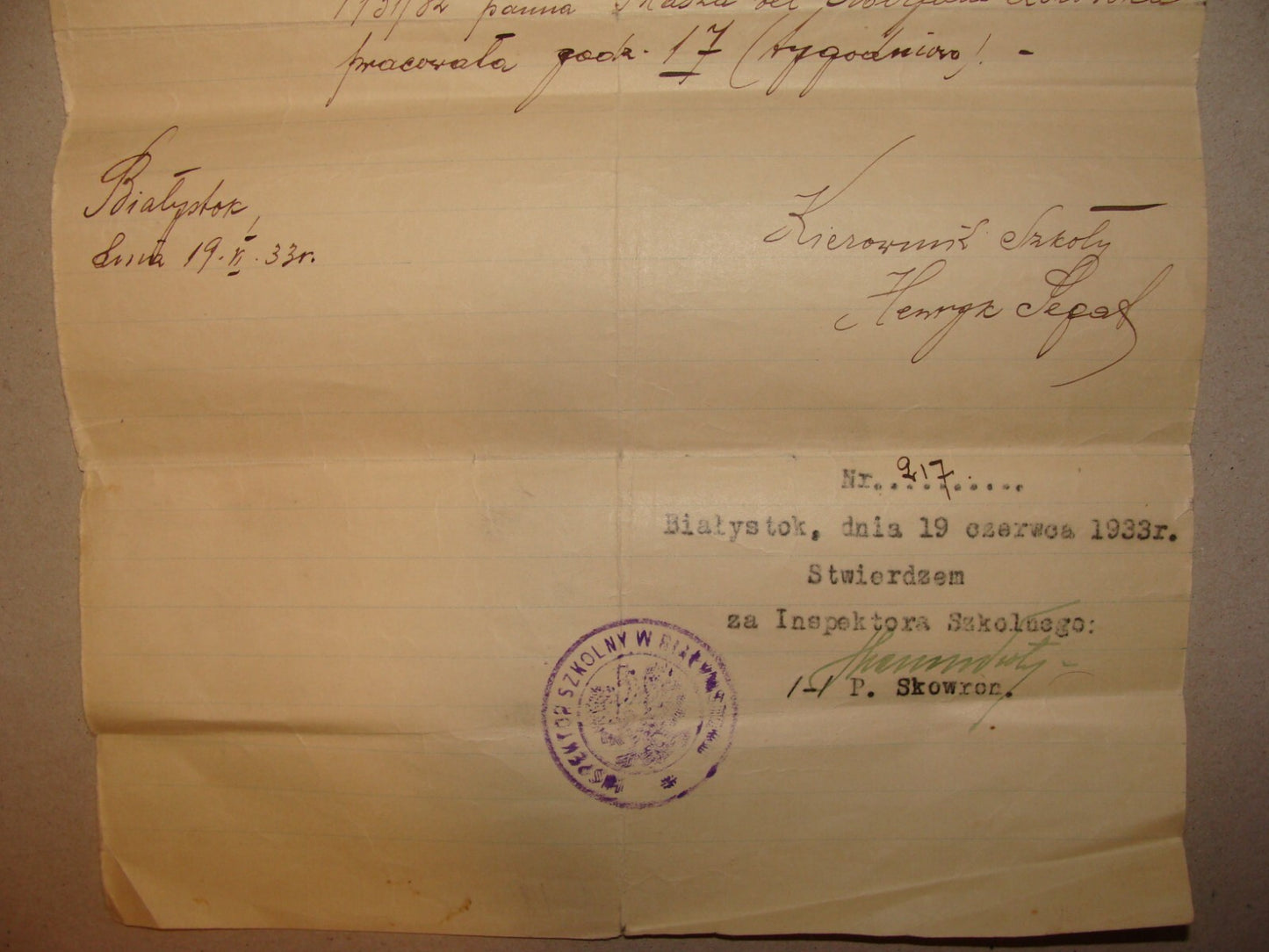 Letter Jewish Judaica 1933 Poland Bialystok GOLDBERGA School Certificate