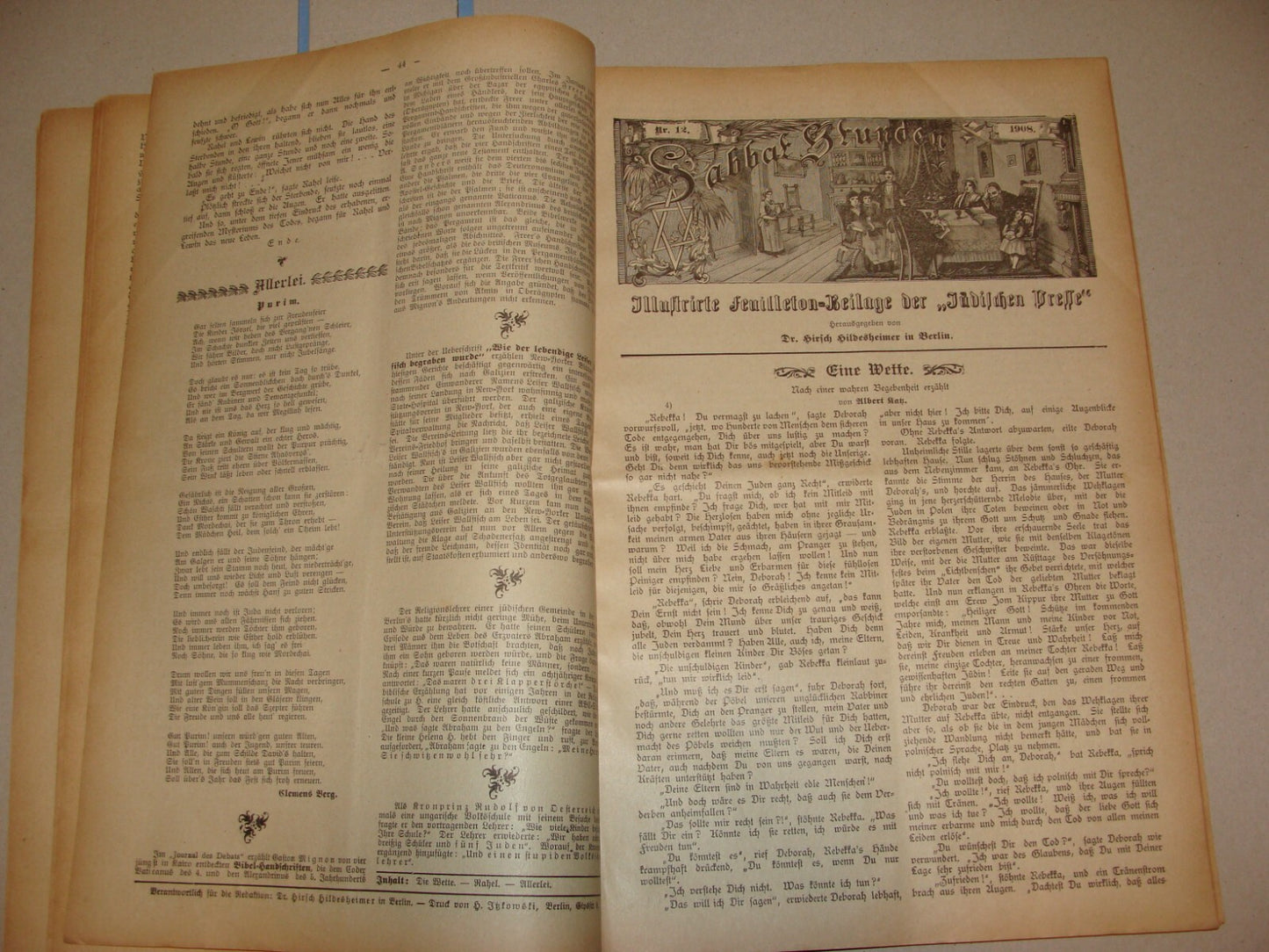 Germany Newspaper Jewish RARE Judaica German Sabbat Stunden 1908 Hildesheimer