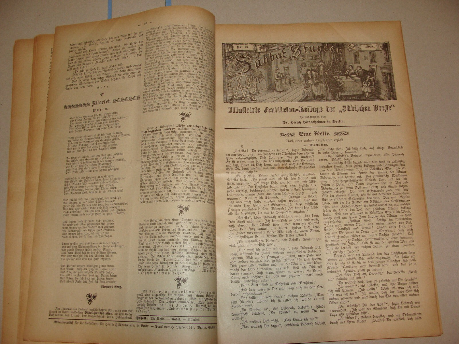 Germany Newspaper Jewish RARE Judaica German Sabbat Stunden 1908 Hildesheimer