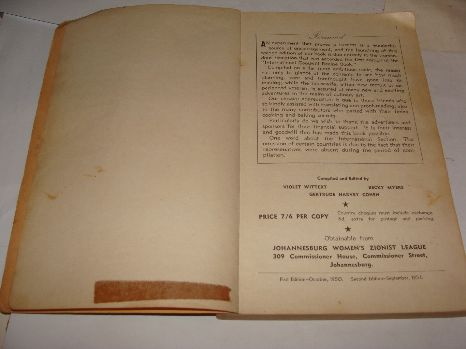 Book Jewish Judaica 1954 International Goodwill Recipe South Africa Zionist