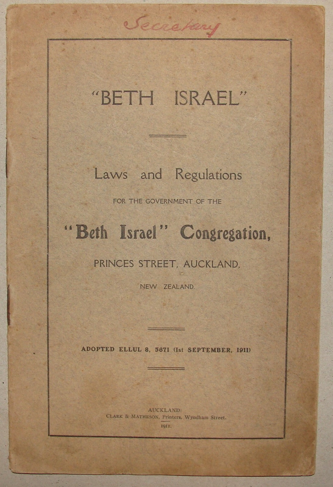 Jewish 1911 Beth Israel Congregation Auckland New Zealand Laws Regulations