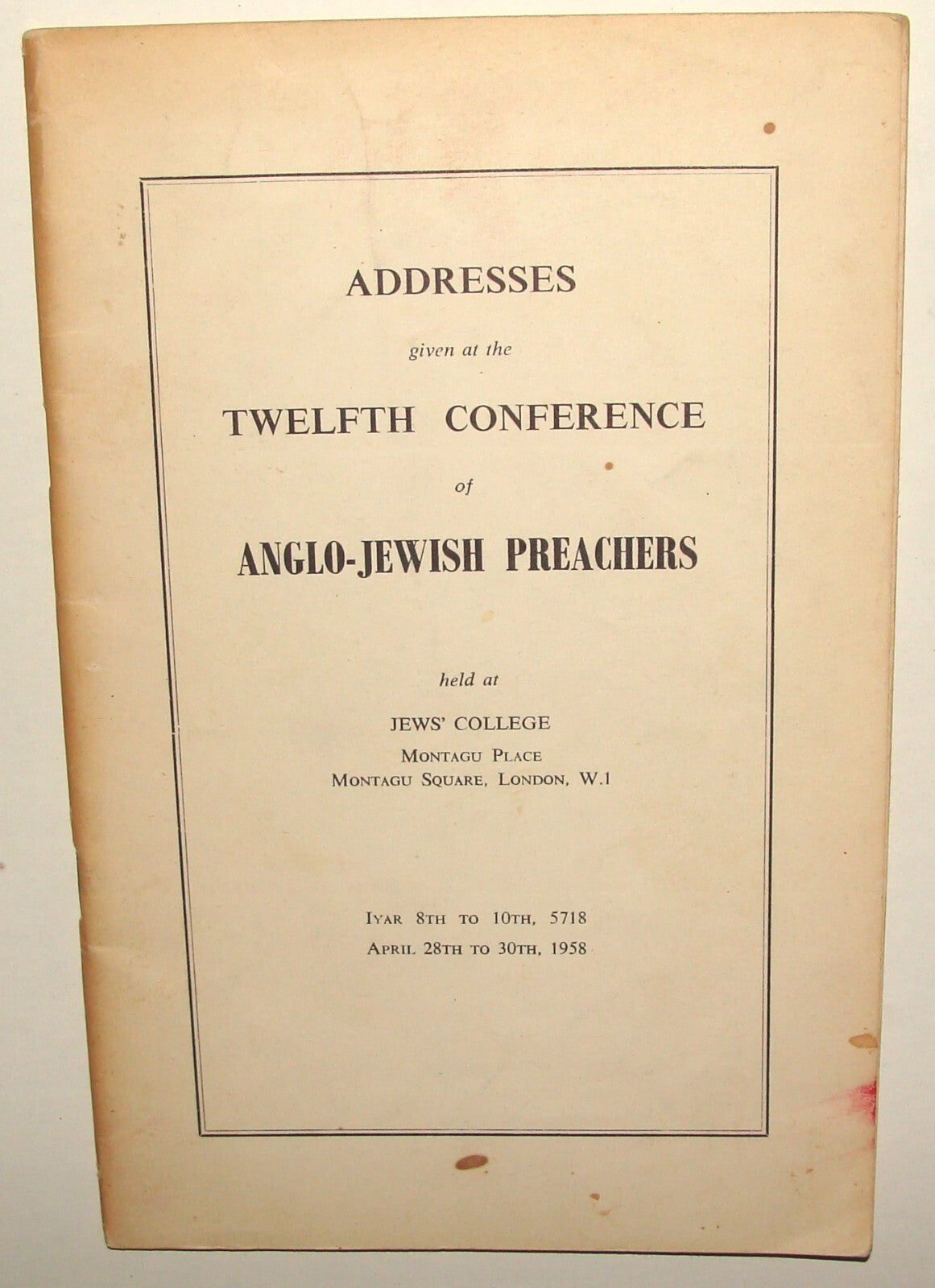Book Jewish 1958 Judaica UK England London 12th Conference Anglo Preachers Rabbi