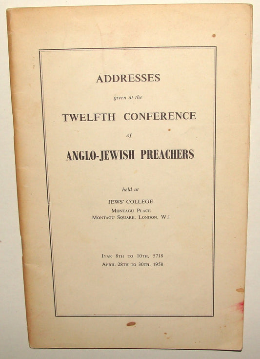 Book Jewish 1958 Judaica UK England London 12th Conference Anglo Preachers Rabbi