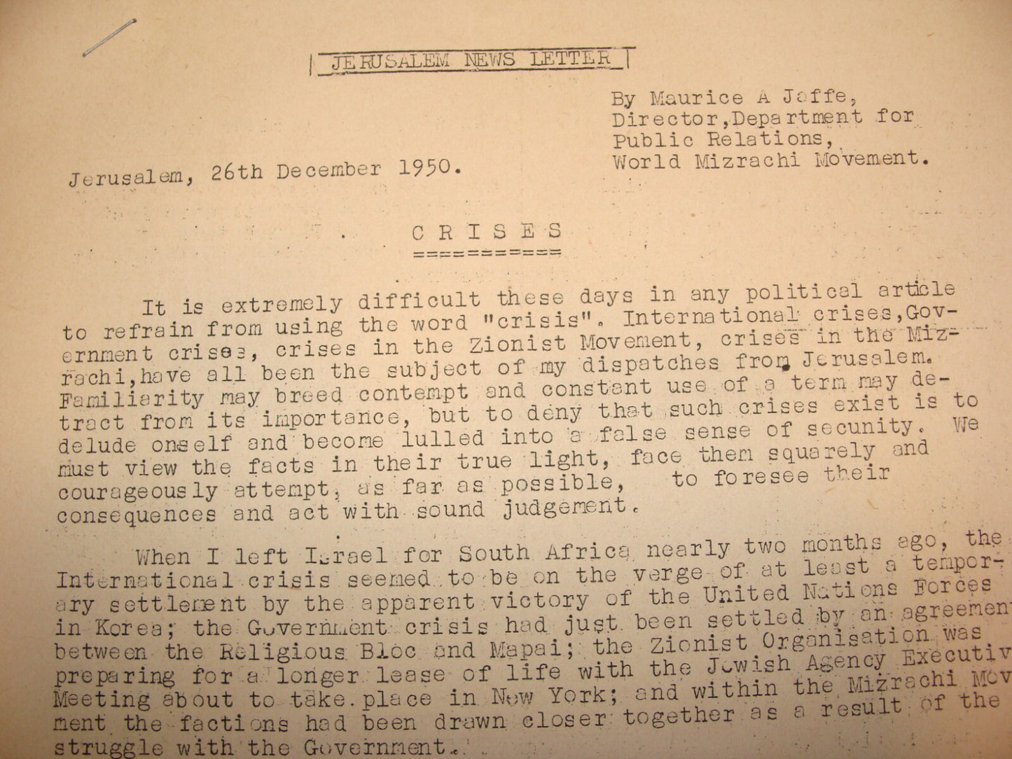 Letter Jewish RARE 1950-51 Israel Rabbi MAURICE JAFFE Jerusalem News x6 Zionist