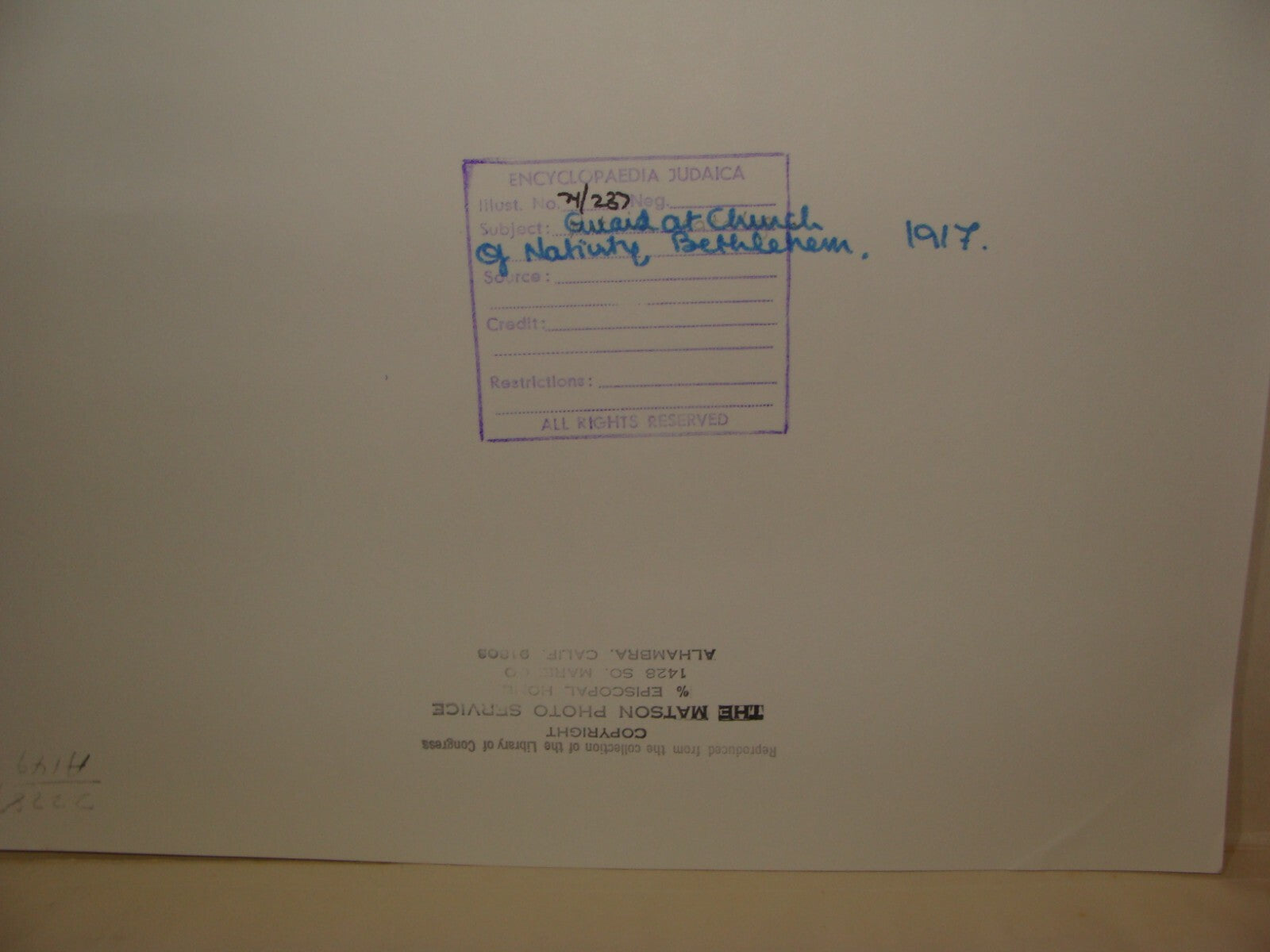 Photo Print Palestine Israel Church of the Nativity Bethlehem Guard 1917 MATSON