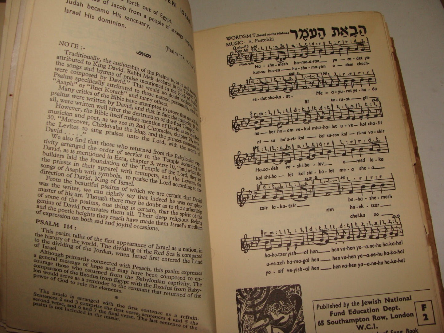 Book Jewish Judaica National Fund London England Zionist Youth Songs Hebrew