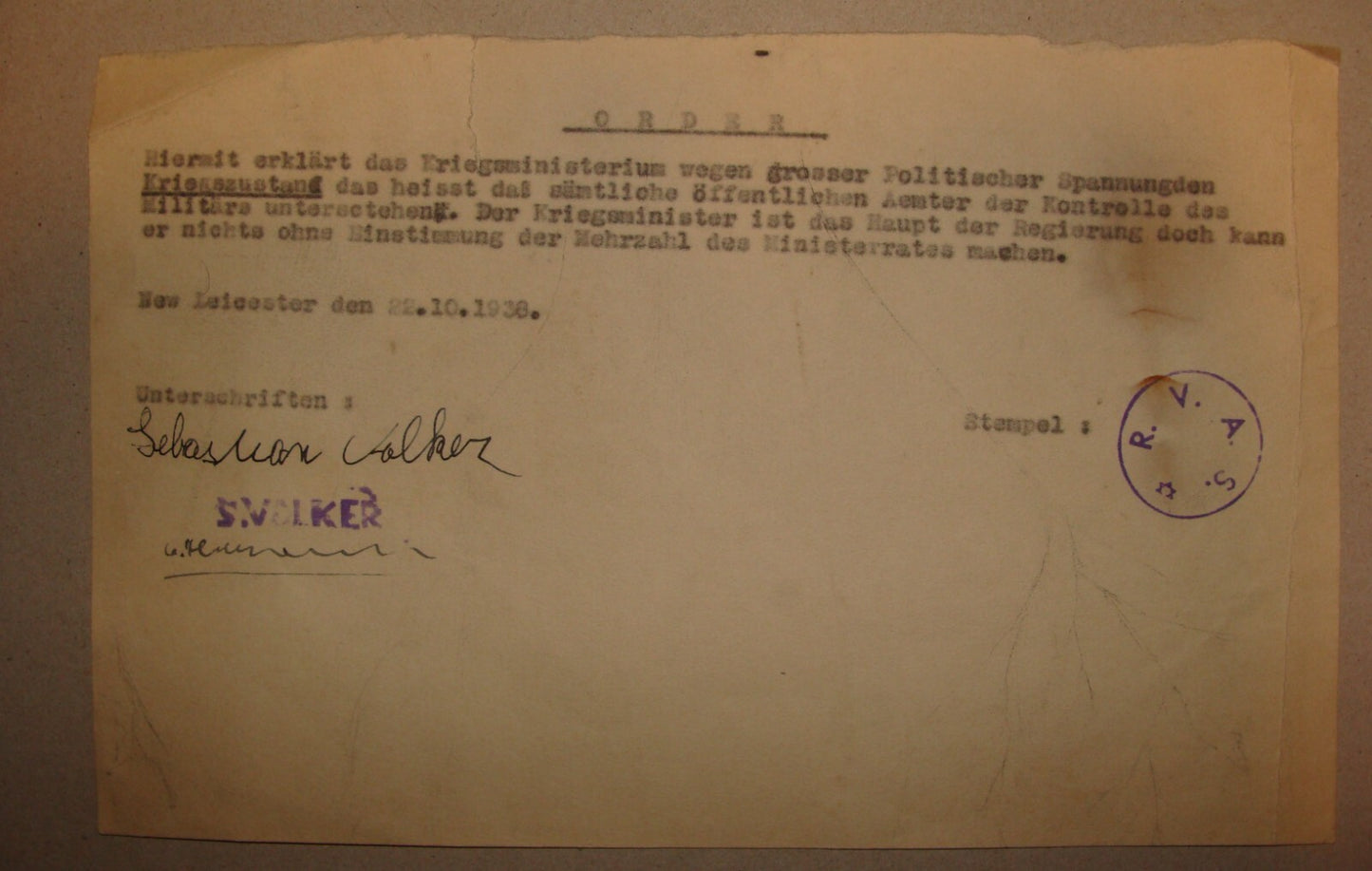 Letter Jewish Judaica WWII 1938 New Leicester German SEBASTIAN VOLKER Signed