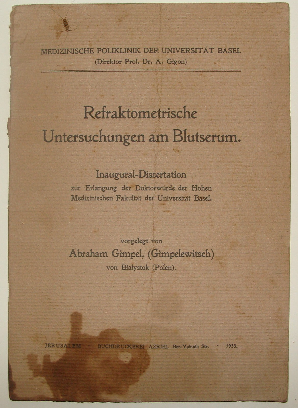 1933 German Medical Blood Serum Analysis Research GIMPEL Bialystok Jewish