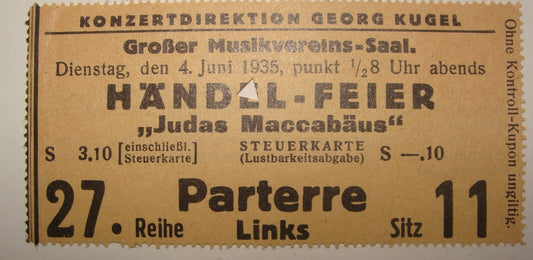 1935 Austria Wien Konzertdirektion Georg Kugel Handel Judas Maccabaus Ticket