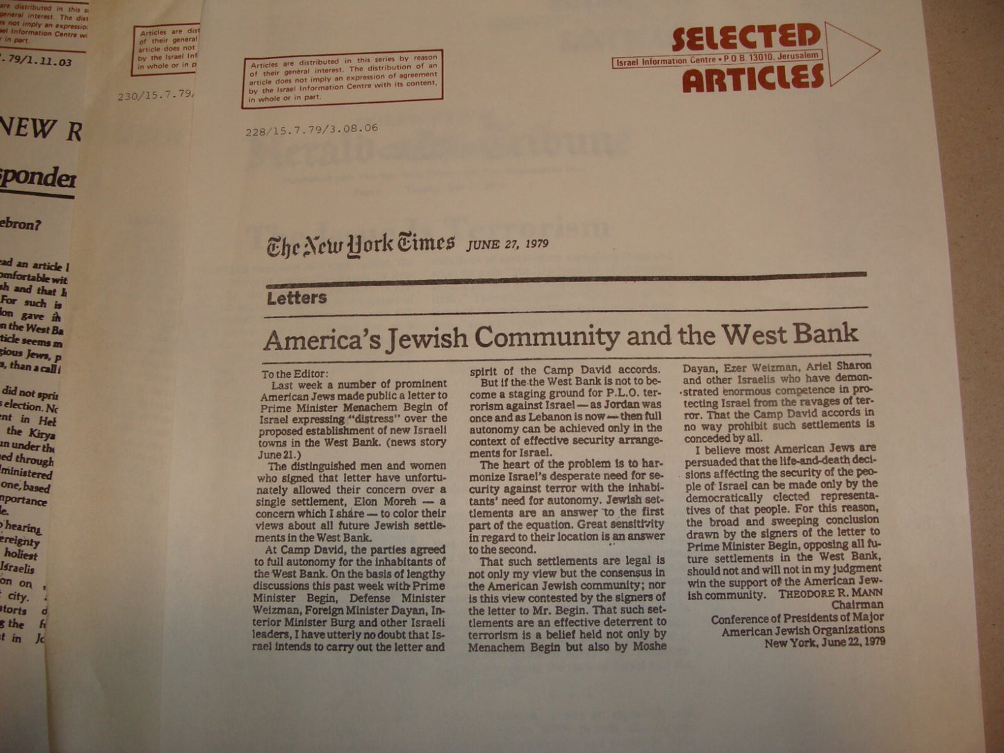 Jewish Judaica 1979 Israel Israeli Arab Palestine West Bank Conflict Articles x3