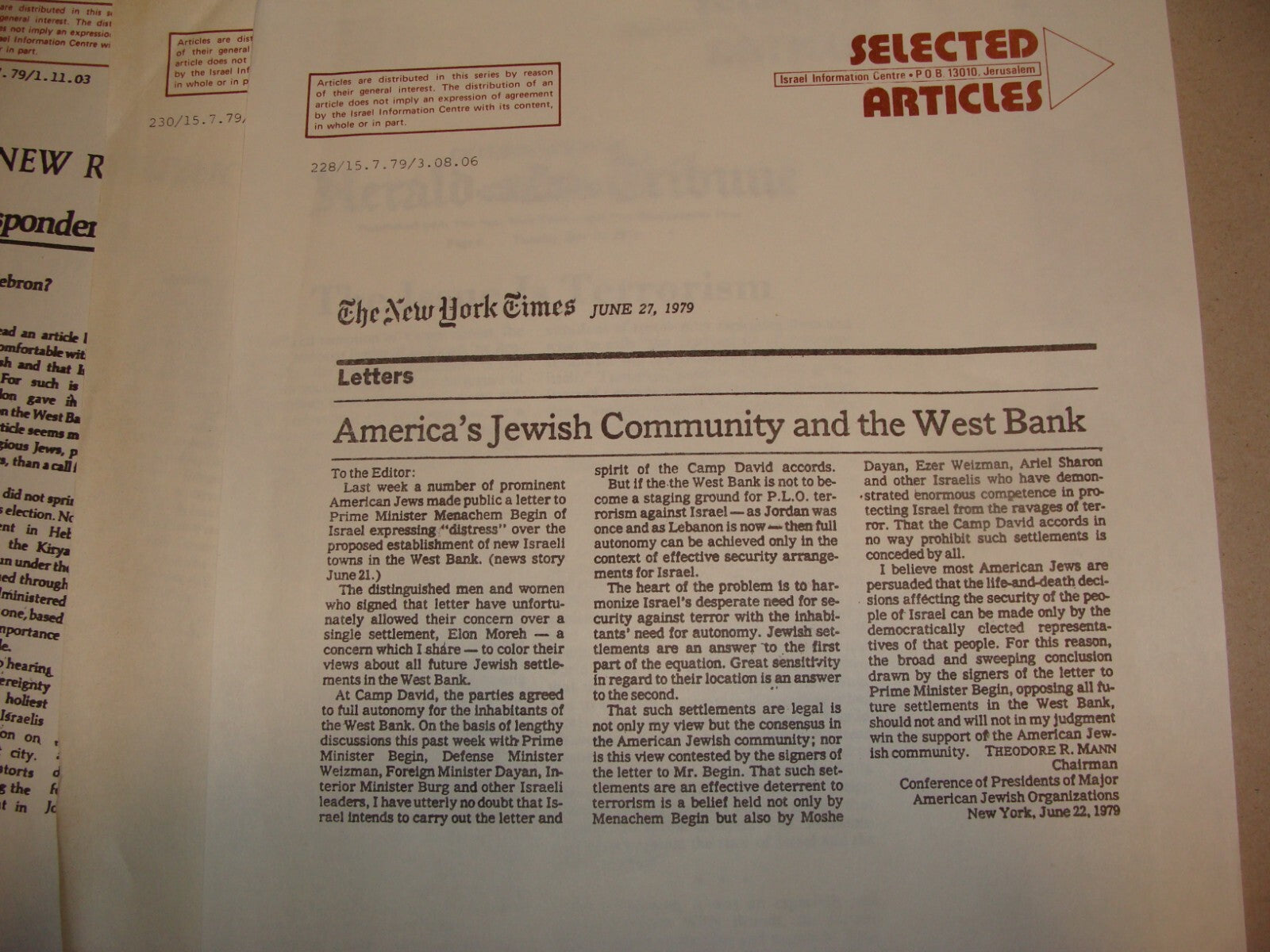 Jewish Judaica 1979 Israel Israeli Arab Palestine West Bank Conflict Articles x3