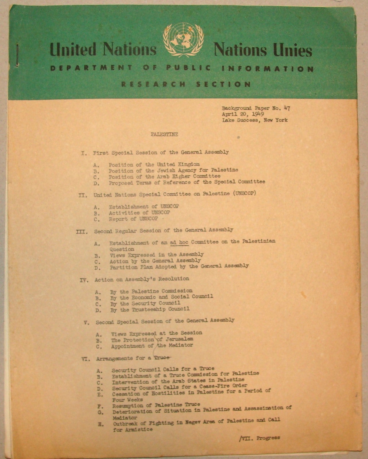 Report Palestine 1949 United Nations General Assembly Israel Jewish Arab War