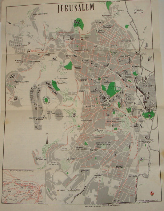 Map Jewish Judaica 1961 Israel JERUSALEM Pictorial Pre Six Day War YMCA Guide