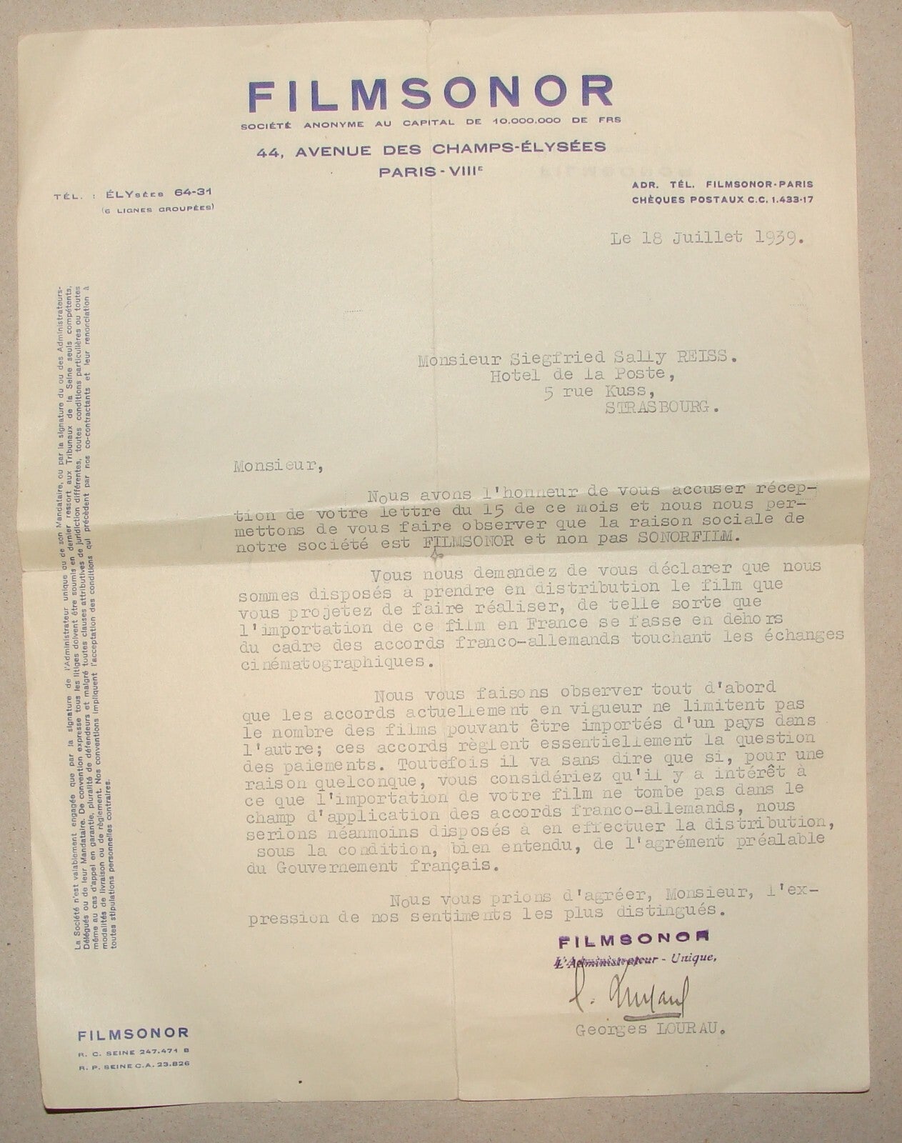 Letter Jewish Sigfried Reis 1939 France Paris FILMSONOR Film Movie