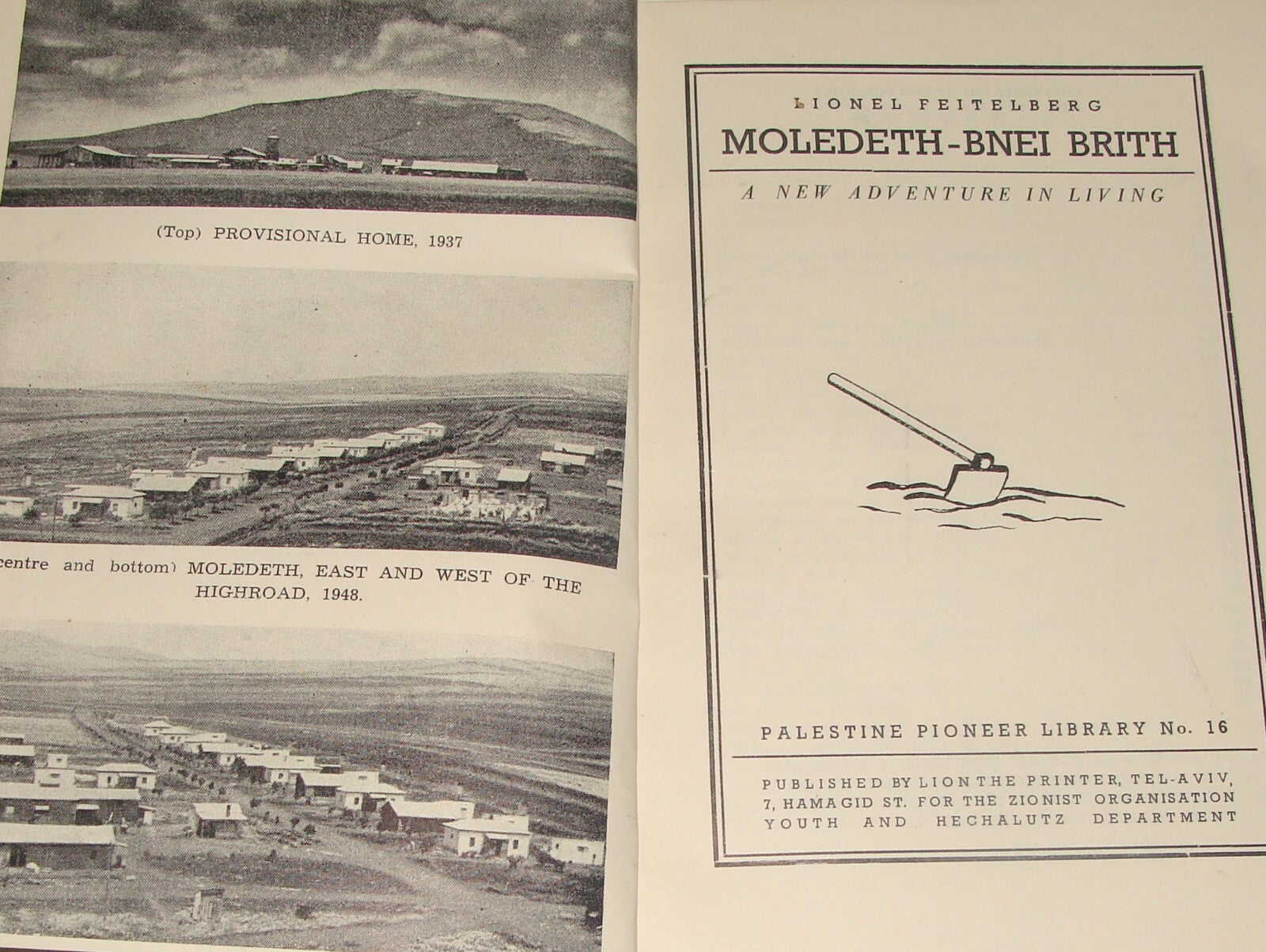 Book Jewish Judaica 1949 Moshav Moledet Bnei Brith Feitelberg Zionist Settlement