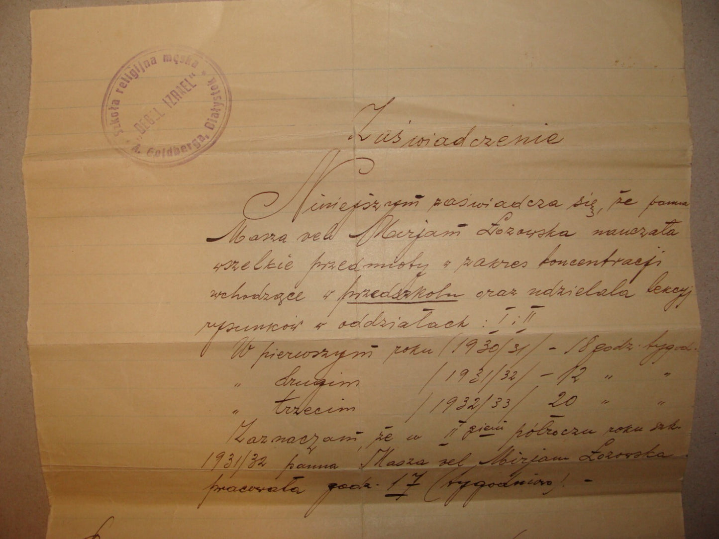 Letter Jewish Judaica 1933 Poland Bialystok GOLDBERGA School Certificate