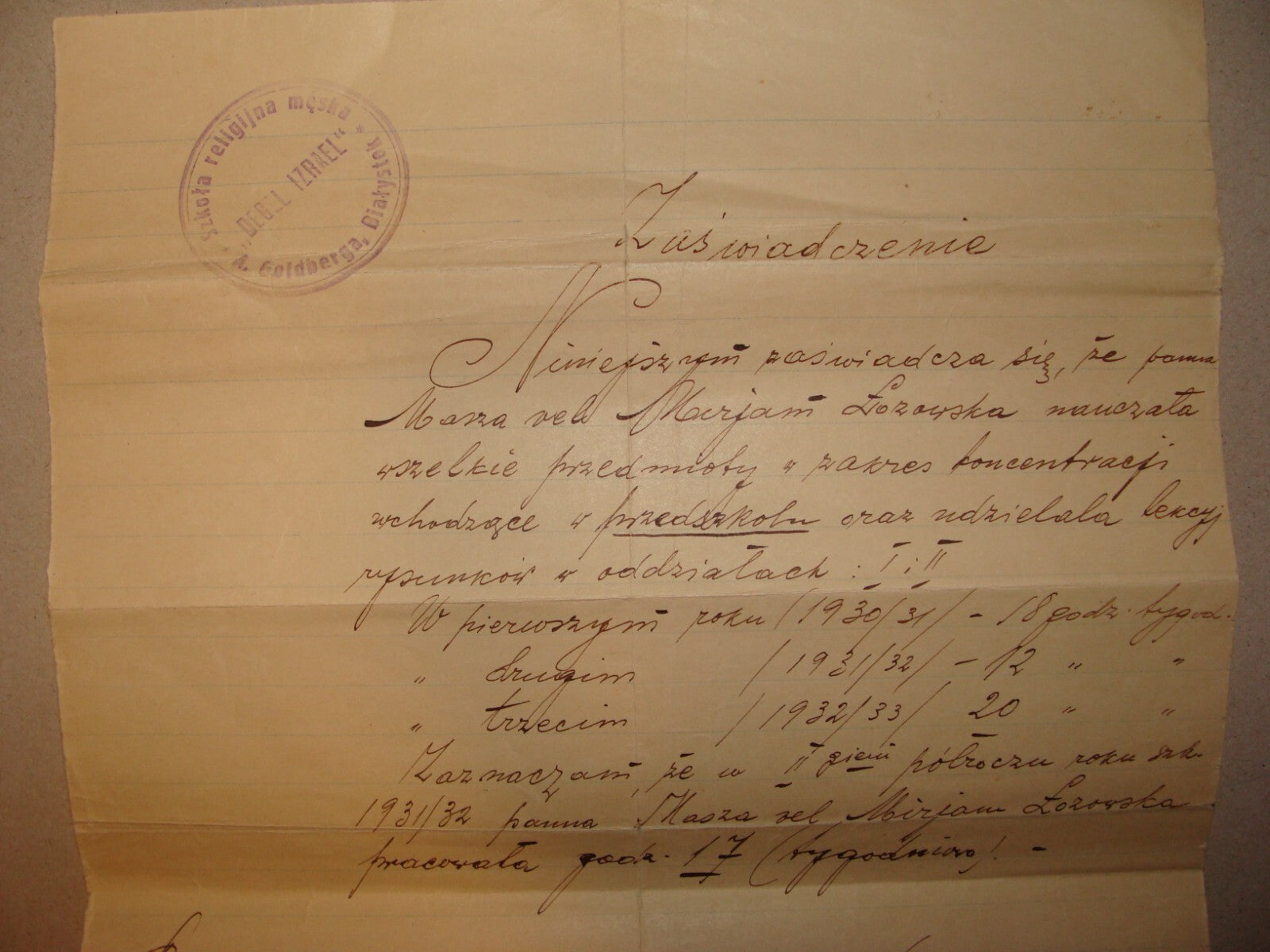 Letter Jewish Judaica 1933 Poland Bialystok GOLDBERGA School Certificate