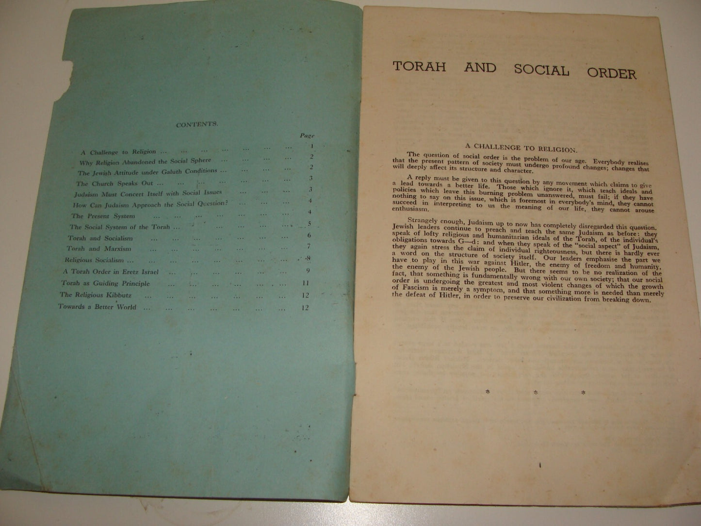 Jewish Judaica 1944 TORAH AND SOCIAL ORDER Rabbi Heinemann Zionist London Youth