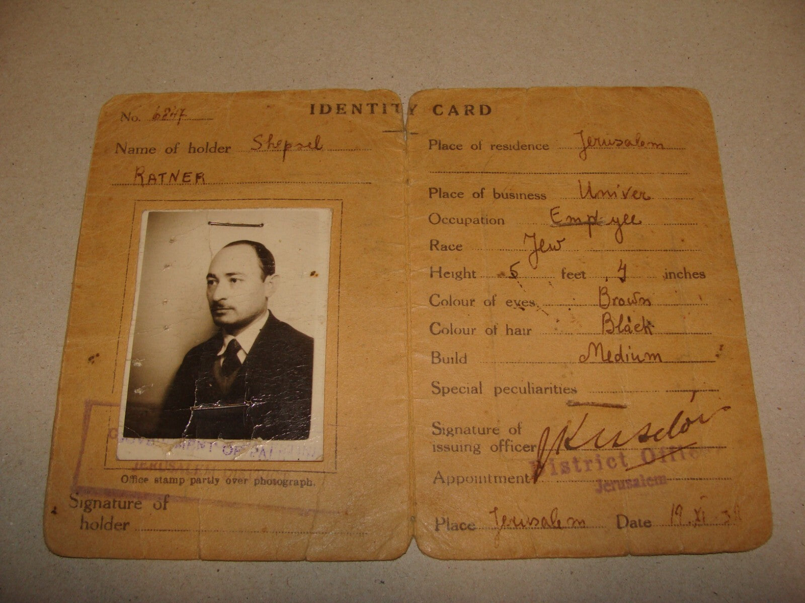 $ Photo Palestine Card 1930s Israel Certificate Identity Jerusalem Jewish RATNER
