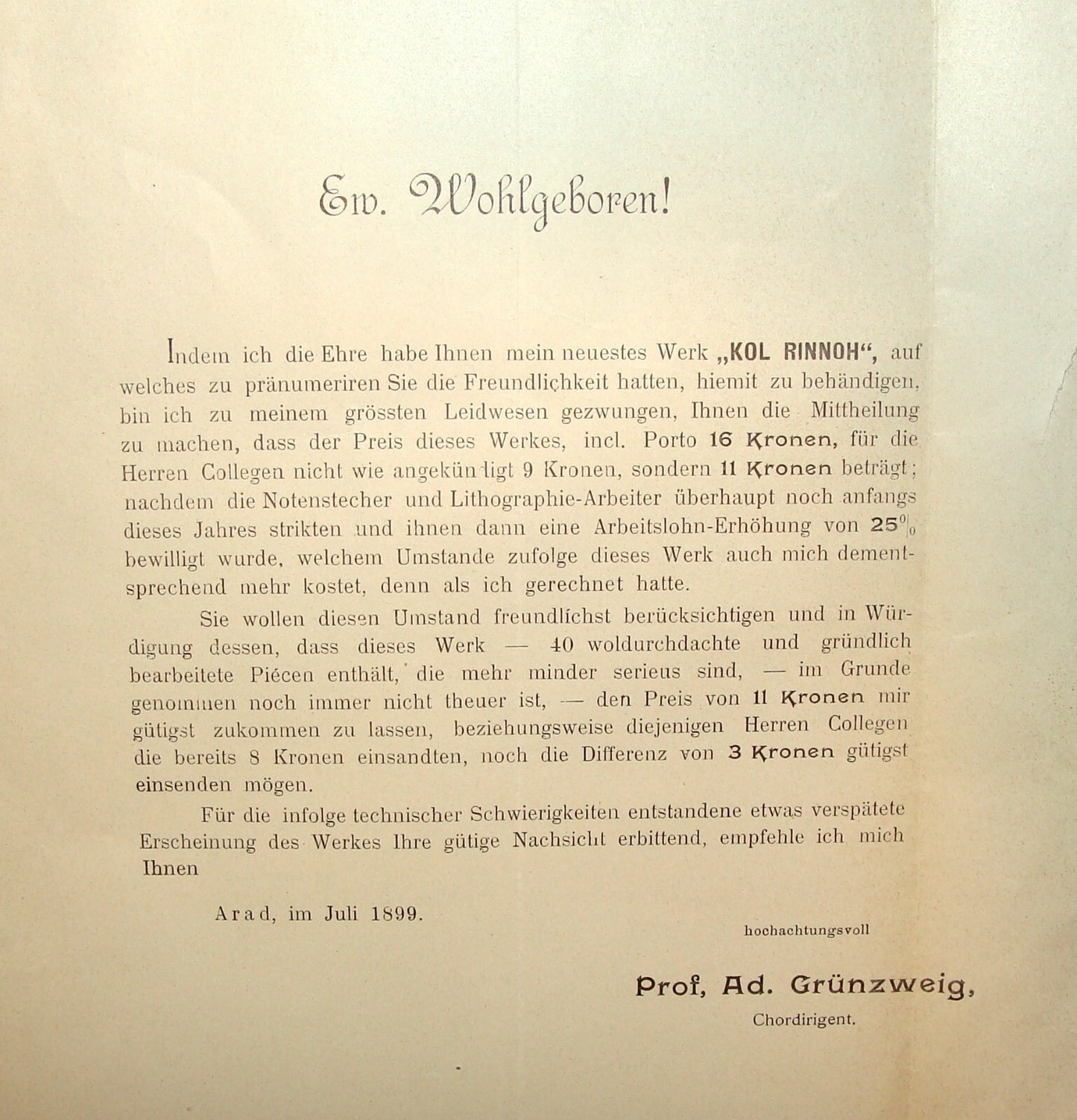 Book Jewish RARE Judaica 1899 Arad Hungary Romania Letter Grunzweig Songs German