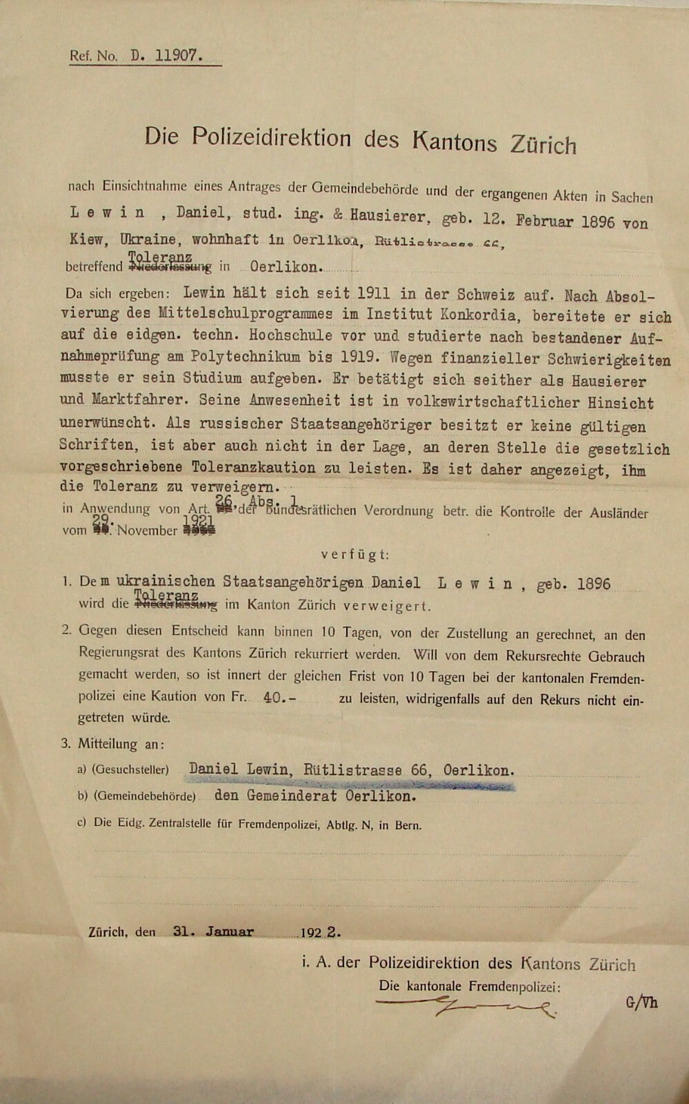 Letter Jewish Judaica 1922 Switzerland Zurich Police German DANIEL LEWIN