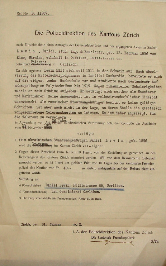 Letter Jewish Judaica 1922 Switzerland Zurich Police German DANIEL LEWIN