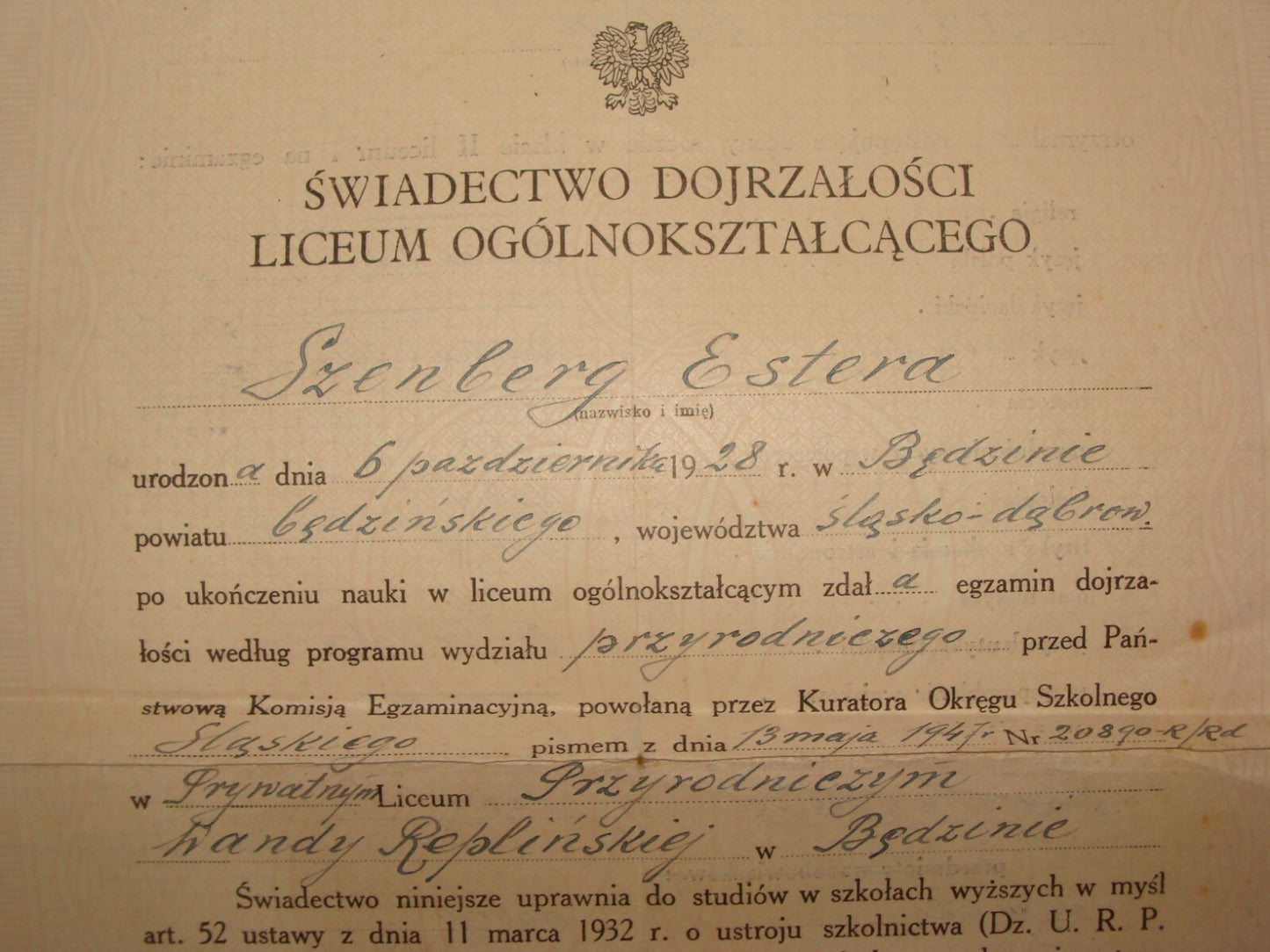 Jewish Judaica 1949 Poland Warsaw School Certificate SZENBERG Israel Consul