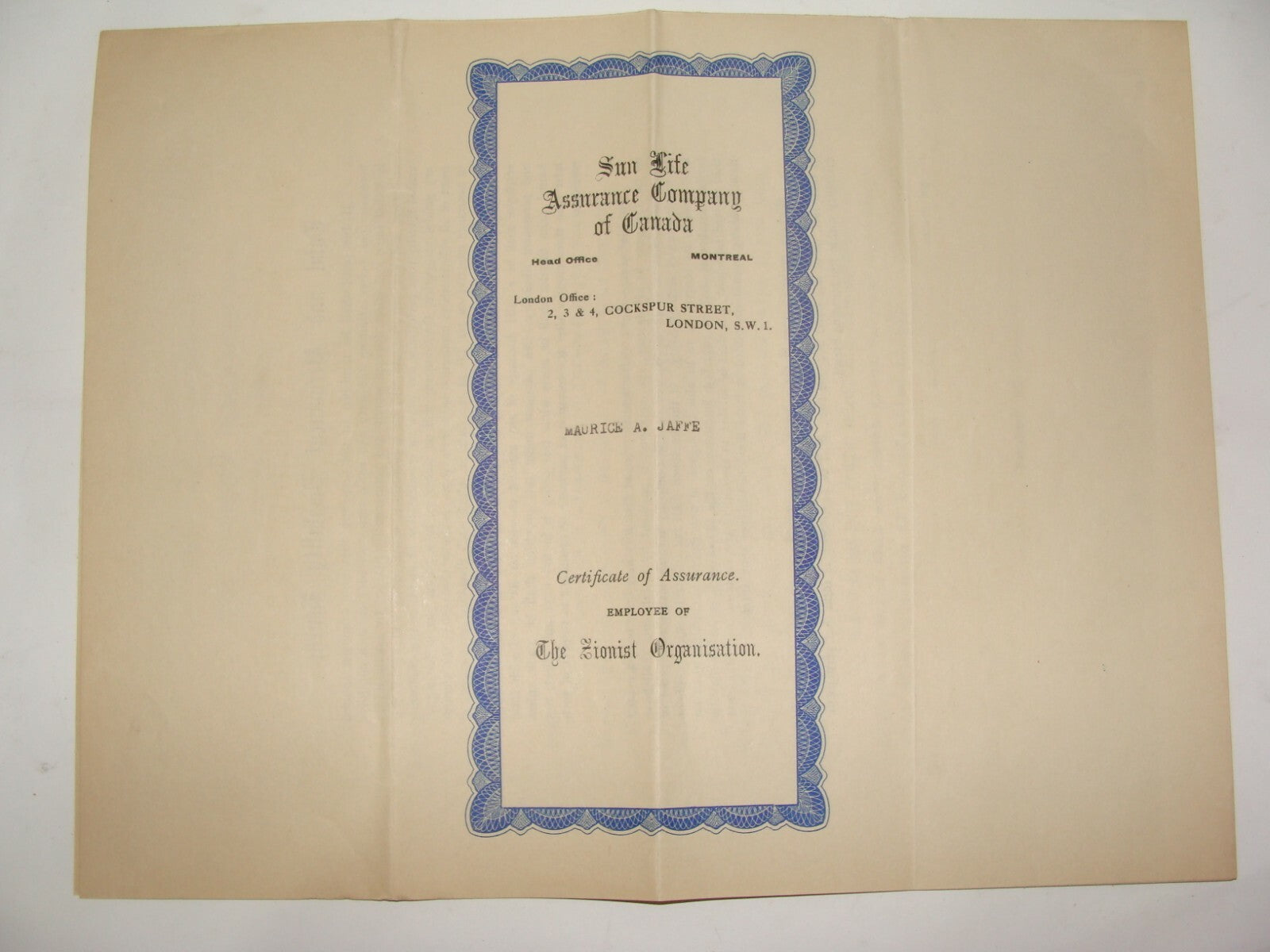 Ad Jewish Sun Life Assurance Company of Canada Zionist Organisation London 1947