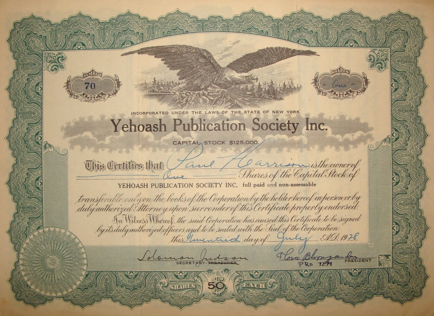 Jewish American Judaica 1928 Yehoash Publication Society Certificate Share Stock