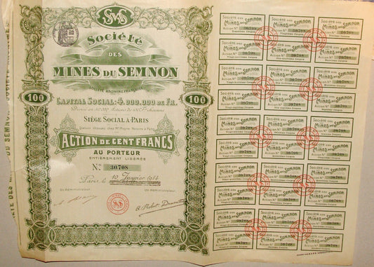 1910s Société des Mines du Semnon France Paris Certificate Coupon Payment