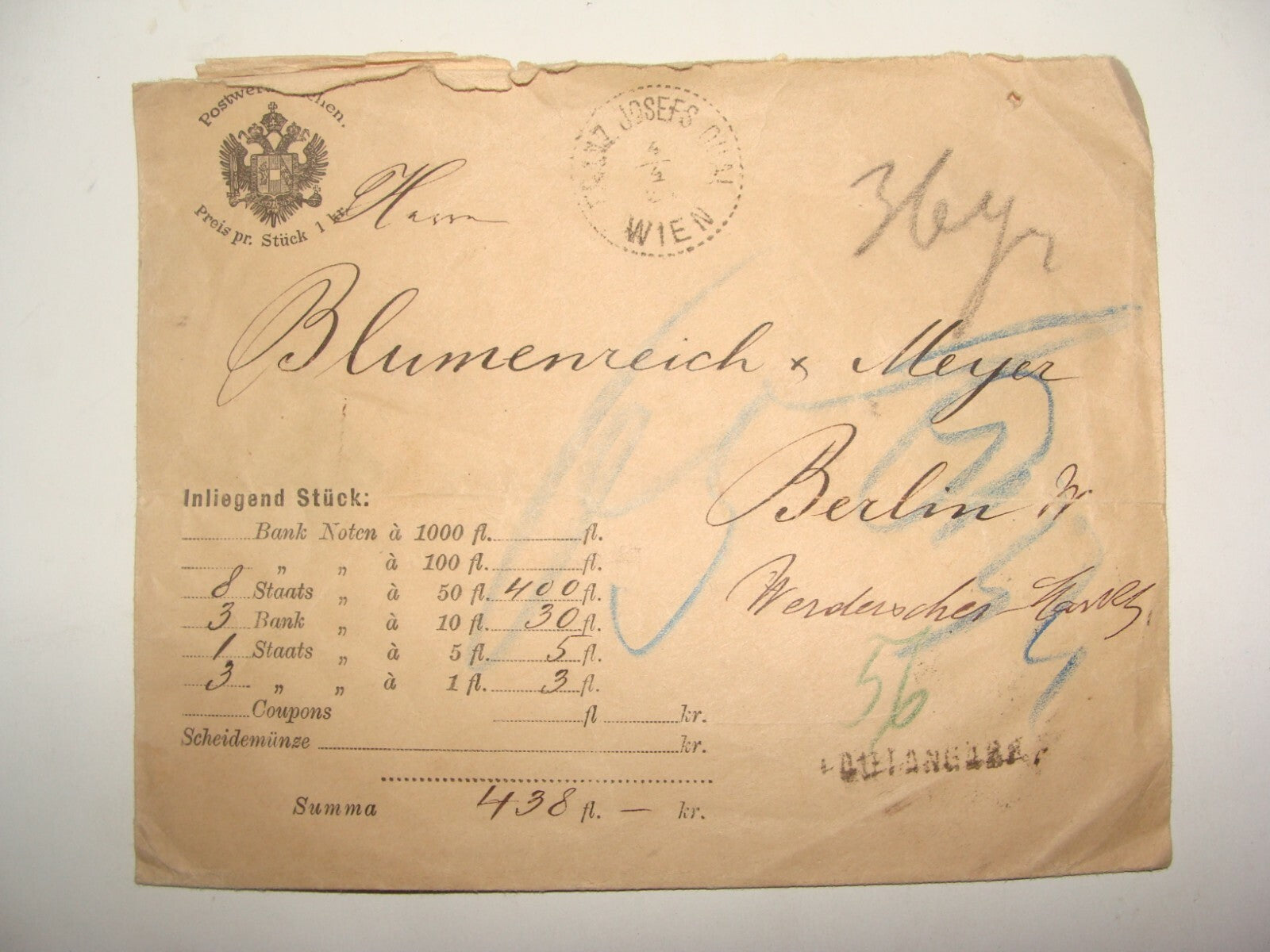 Germany 1884 Austria Wien Stamp Cover To   Berlin bendiener & popper Blumenreich